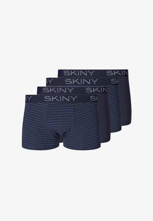 Boxer da uomo navy, in misto cotone, con strisce orizzontali azzurre chiare. Vita elastica con il logo "SKINY" stampato sul davanti.