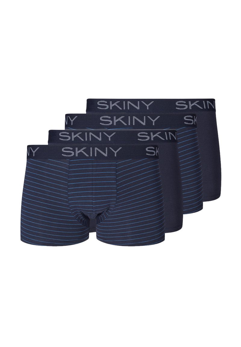 Marinefarbene Herren-Boxershorts aus Baumwollmischung mit hellblauen horizontalen Streifen. Elastischer Bund mit bedrucktem "SKINY"-Logo auf der Vorderseite.