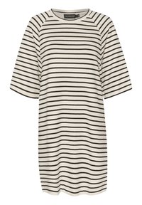 Vestito a t-shirt a righe in crema e grigio scuro. Presenta maniche raglan corte, un collo a giro e una vestibilità rilassata con orlo dritto.