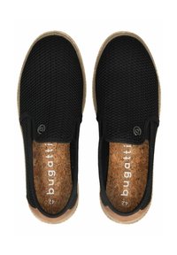 Sorte slip-on sko med en mesh-overdel og korkindlægssål, der har en gummisål og en struktureret finish. Logo og størrelse trykt indeni.