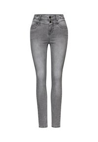 Jeans ajustados en denim gris claro con cierre de dos botones, cinco bolsillos y costuras en contraste. Textura suave y diseño ceñido.
