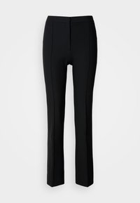 Pantaloni negri cu o croială ajustată, având o textură netedă, un design cu picioare drepte și detalii subtile la cusăturile frontale.