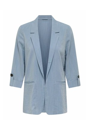 Sacou pentru femei de culoare albastru deschis, cu mâneci trei sferturi, reveri cu crestătură, buzunare frontale și detalii cu nasturi pe mâneci.