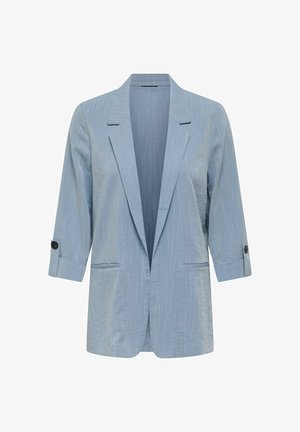 Sacou pentru femei de culoare albastru deschis, cu mâneci trei sferturi, reveri cu crestătură, buzunare frontale și detalii cu nasturi pe mâneci.