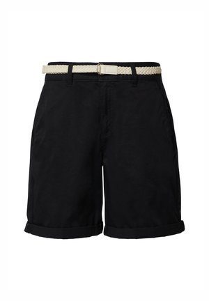Schwarze Baumwollshorts mit aufgerollten Säumen und einem creamfarbenen geflochtenen Gürtel. Sie verfügen über Gürtelschlaufen und ein klassisches Design, das sich für Freizeitkleidung eignet.