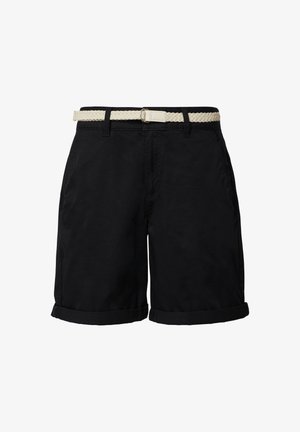 Schwarze Baumwollshorts mit aufgerollten Säumen und einem creamfarbenen geflochtenen Gürtel. Sie verfügen über Gürtelschlaufen und ein klassisches Design, das sich für Freizeitkleidung eignet.