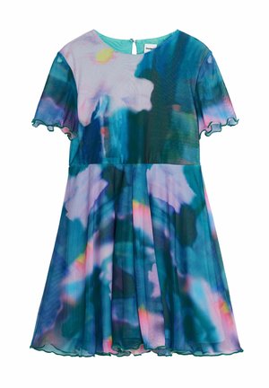 Robe à manches courtes, longueur genou, avec un motif aquarelle bleu, violet et rose et des bords à volants aux manches et à l'ourlet.