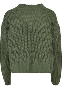 Pull tricot épais vert olive à manches longues avec poignets, ourlet et col côtelés, vu de dos.