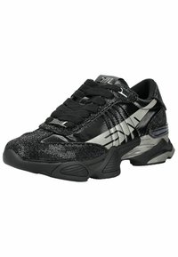 Black and silver athletic sneaker with textured fabric, thick sole, large metallic "EMM" logo, and black laces with a metallic lace tag.