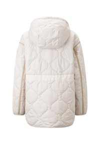 Hvid quilted jakke med hætte, der har et tekstureret mønster og lyse farver langs lynlåsene og siderne.