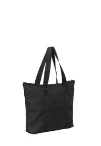 Svart vadderad tote-väska med ett geometriskt mönster, dubbla tyghandtag och dragkedja. Mjuk yta med en strukturerad form.