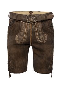 Hnědé semišové kožené šortky s béžovou výšivkou, přední klopový design, boční kapsy a opasek s přezkou ve tvaru jelení hlavy.