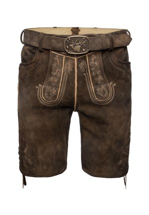Braune Wildleder-Shorts mit beigerStickerei, Frontklappendesign, Seitentaschen und einem Gürtel mit einem Geweihkopf als Schnalle.