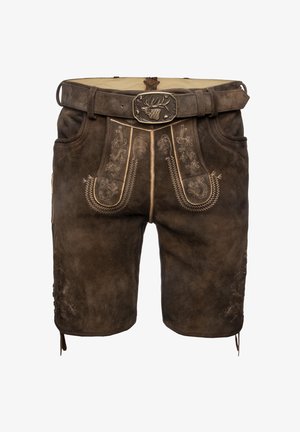 Braune Wildleder-Shorts mit beigerStickerei, Frontklappendesign, Seitentaschen und einem Gürtel mit einem Geweihkopf als Schnalle.