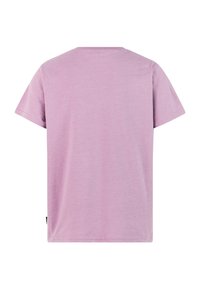 Tričko s krátkym rukávom v svetloružovej farbe, vyrobené z mäkkej bavlnenej látky, s okrúhlym výstrihom a rovnou lemovkou v páse.