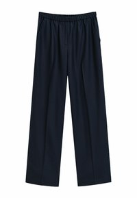 Navyblauwe wijde pijpen met een elastische tailleband en zijzakken, gemaakt van zachte, vloeiende stof.