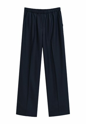 Pantaloni a gamba larga blu navy con cintura elasticizzata e tasche laterali, realizzati in tessuto morbido e fluido.