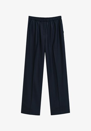 Navyblauwe wijde pijpen met een elastische tailleband en zijzakken, gemaakt van zachte, vloeiende stof.