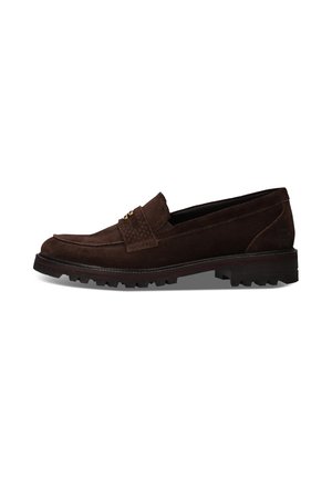 Brauner Wildleder-Slipper mit einem strukturierten Riemen und goldfarbenen Verzierungen, mit einer dicken, robusten schwarzen Sohle.