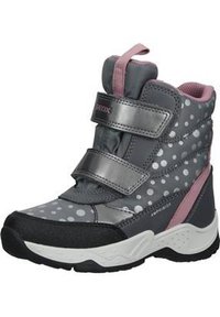 Stivale impermeabile grigio con accenti rosa, caratterizzato da un motivo a pois, due fasce regolabili in Velcro, colletto imbottito e suola in gomma.