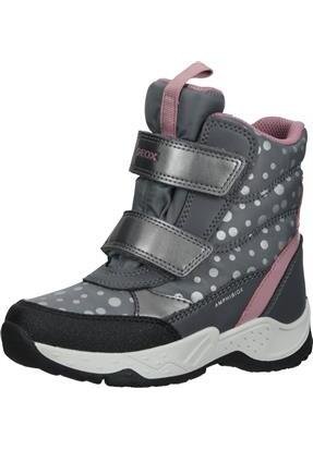 Stivale impermeabile grigio con accenti rosa, caratterizzato da un motivo a pois, due fasce regolabili in Velcro, colletto imbottito e suola in gomma.
