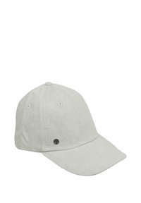 Hellgraue Baseballmütze aus strukturiertem Stoff, mit einem gebogenen Schirm und einem kleinen silbernen Logo an der Seite.