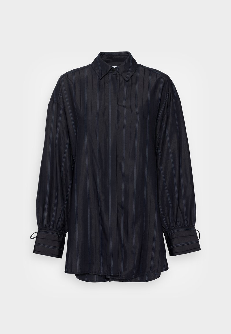 Black striped shirt with a collared neckline, long puffed sleeves, and buttoned cuffs. Material appears smooth with a slight sheen.