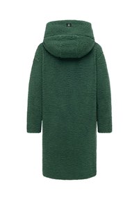 Manteau long vert en tissu texturé et duveteux avec une capuche. Il présente une coupe droite et de longues manches. Design simple, sans détails supplémentaires.