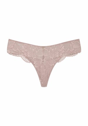 Lace thong in soft pink with floral pattern, scalloped edges, and a small decorative hardware accent at the front center.