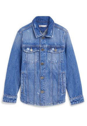 Hellblaue Jeansjacke mit klassischem Schnitt, Knopfverschluss, zwei Brusttaschen und ausgefransten Details an Ärmeln und Saum.