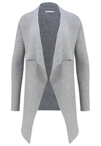 Vaaleanharmaa ribbineuloksinen neuletakki, jossa avoin etuosa, pitkät hihat ja tekstuuri. Pehmeä materiaali, rento istuvuus ja ilman kiinnikkeitä.