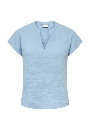 Top azzurro chiaro a maniche corte con scollatura a V e tessuto testurizzato. Presenta una vestibilità rilassata e un orlo leggermente arrotondato per il comfort.