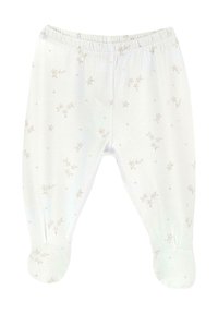 Pantaloni bianchi per bambini realizzati in un tessuto morbido con un delicato motivo floreale e dettagli dorati; includono una parte inferiore con copri-piedi e una vita elastica.