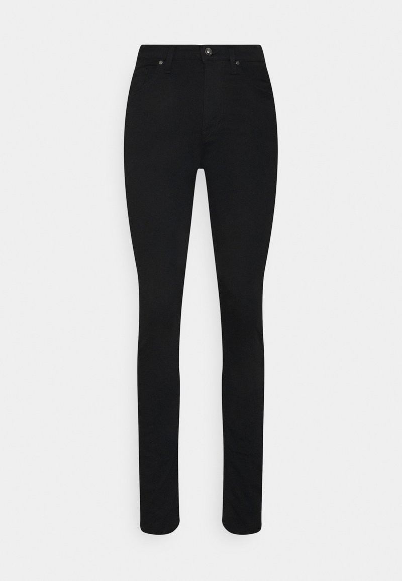 Jeans skinny negros hechos de una mezcla de algodón elástico, con un diseño clásico de cinco bolsillos y cierre de botón metálico.