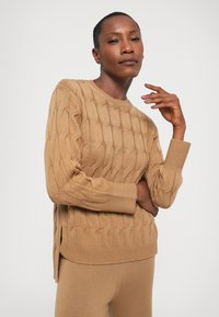 Maglione lavorato a maglia di colore beige con un motivo a treccia testurizzato, maniche lunghe e scollo rotondo. Presenta spacchi ai lati dell'orlo.