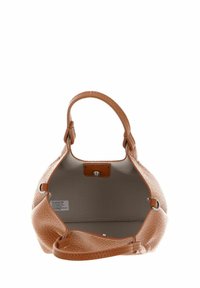Borsa a tracolla in pelle texurizzata color tan con doppi manici e chiusura magnetica, che mostra un ampio interno foderato in tessuto chiaro.
