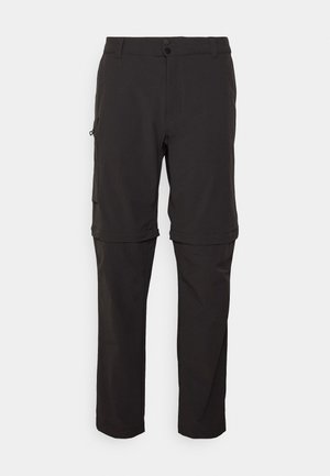 Pantalones cargo negros, ligeros, con cremallera desmontable, de textura suave, cierre con botón y cremallera, y detalles de bolsillos laterales. Convertibles a pantalones cortos.