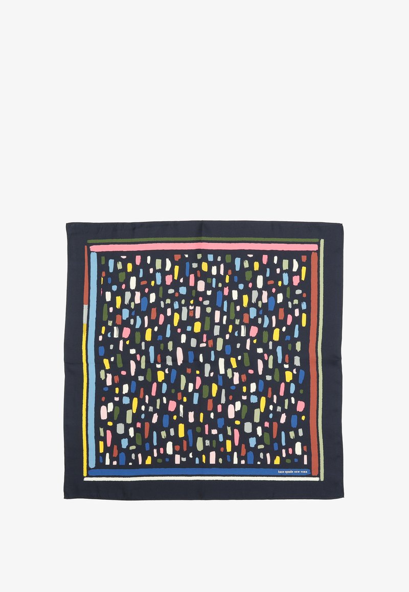 Silk scarf featuring a navy background with a geometric pattern of colorful brushstroke shapes. Edges outlined in contrasting colors.
