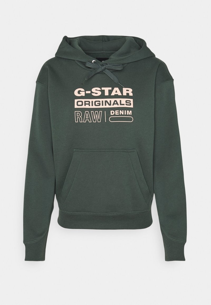 Sweat à capuche vert foncé avec poche avant et texte beige « G-STAR ORIGINALS RAW DENIM » sur la poitrine.