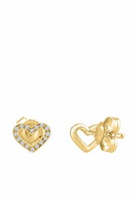 Zlaté náušnice v tvare srdca ozdobené priezračnými drahokamami okolo okrajov. Dizajn obsahuje dvojité srdce s prepracovanými detailmi.