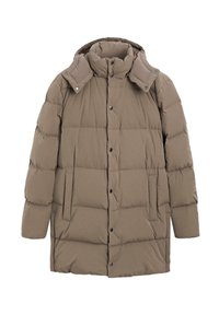 Giacca a vento in un caldo e tenue colore marrone, con colletto alto, chiusura a bottone a pressione e texture trapuntata, dotata di tasche laterali.