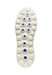 Sole di scarpa in gomma bianca caratterizzata da motivi circolari con dettagli blu. Nota per la sua texture e i fori di drenaggio dell'umidità in tutto il suo design.