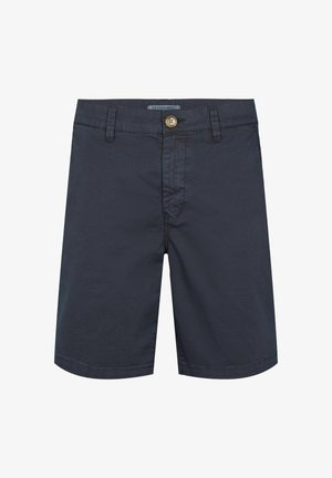 Námořnické modré bavlněné šortky s knoflíkovým zapínáním, zipem, bočními kapsami a upraveným lemem. Hladká textura a dobře padnoucí střih.