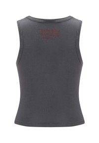 Débardeur gris sans manches en tissu doux et extensible. Le dos affiche un texte rouge avec le nom de la marque "Don Ed Hardy" dans une police stylisée.