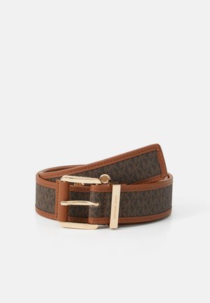 Brown leather belt featuring a signature MK pattern, gold hardware buckle, and smooth texture, designed with a wide width and contrasting edges.