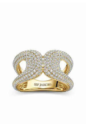 Guld ring med sammenflettede løkker dækket af små diamanter, indgraveret med mærkenavnet SIF JAKOBS på indersiden af båndet.