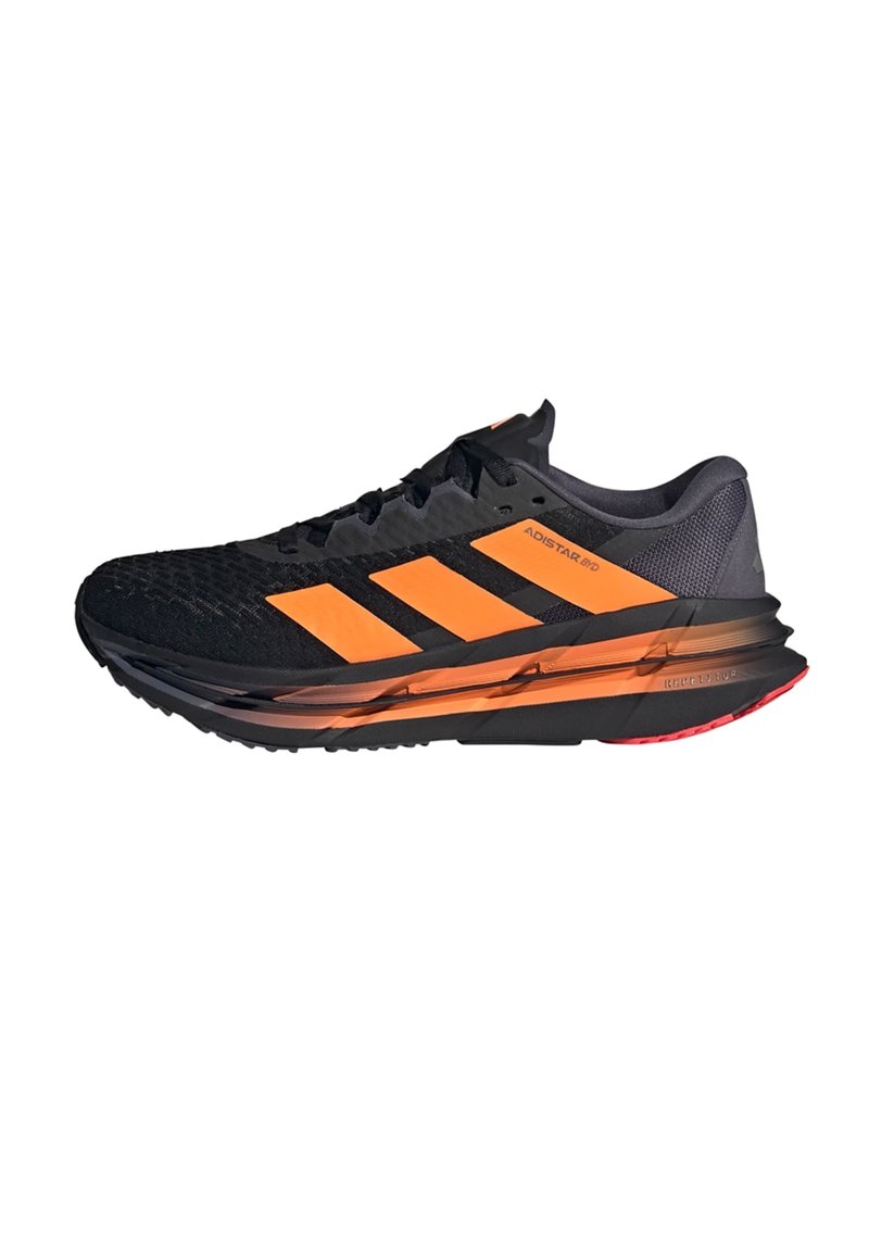 Black running shoe with orange accents, featuring a textured upper, three diagonal stripes, cushioned sole, and rubber traction outsole.