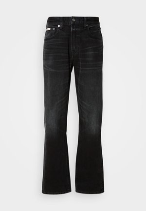 Black jeans made of denim, featuring a straight-leg design, subtle fading, and classic five-pocket layout. Metal button and zipper closure.