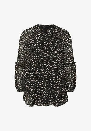 Schwarze Bluse mit weißen und cremefarbenen Punkten, Plissee-Textur, runder Ausschnitt und langen Ärmeln mit elastischen Bündchen.