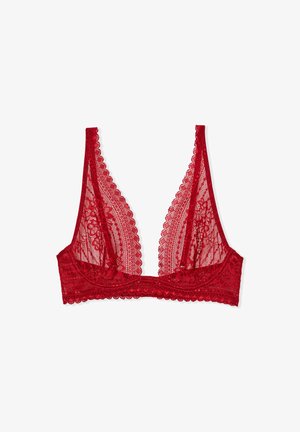 Red lace bralette featuring a deep V neckline, scalloped edges, floral patterns, and sheer fabric for a delicate appearance.